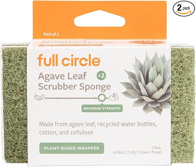 Full Circle Heavy Duty Scrubber Sponge – Robust Agave Leaf & Plastic-Free Cellulose – Dual-Sided Dish Sponge for Cast Iron, Grill Grates & Oven Racks, 2 Pack