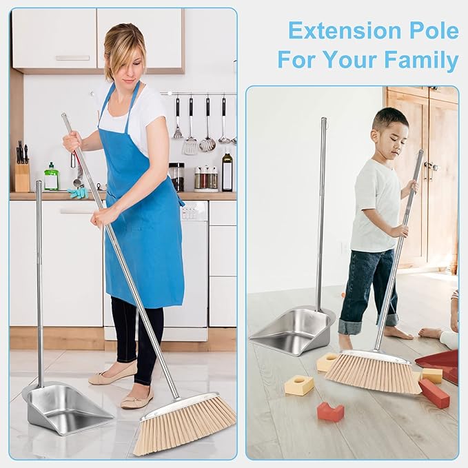 Indoor & Outdoor Brooms, VOOWO 46” Kitchen Broom with Long Handle, Heavy Duty Brooms for Home Kitchen Broom for Office, Angle Brooms for Sweeping with Stainless Steel Handle