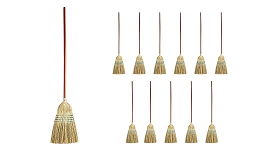 Rubbermaid Commercial Products Heavy-Duty Corn Broom, 1 1/8-Inch Wood Handle, Blue, Indoor/Outdoor Broom for Courtyard/Garage/Lobby/Mall/Office, Pack of 12