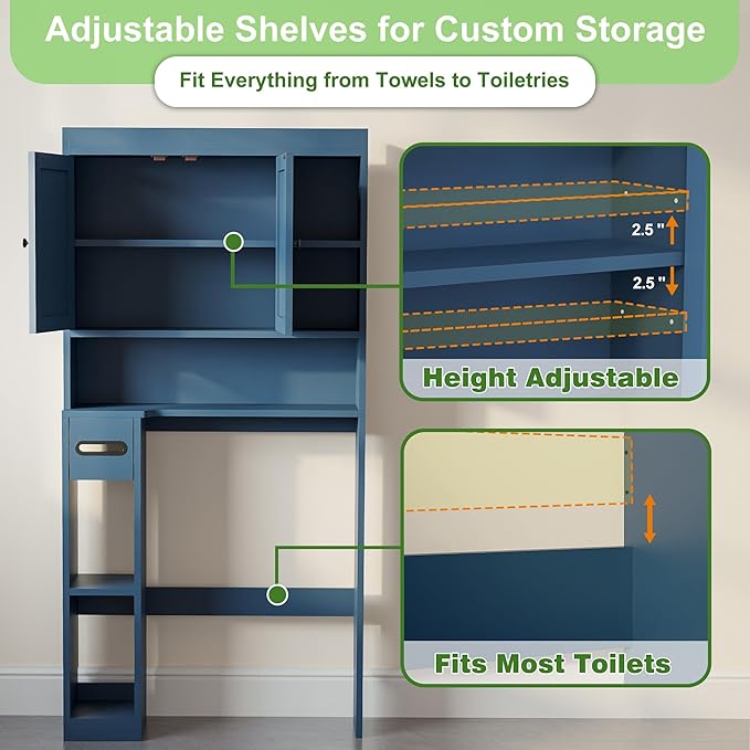 Over The Toilet Storage Cabinet with 7 Shelves, Imitation Walnut Grain Above Toilet Bathroom Organizer with Toilet Paper Holder Stand, Space Saver for Restroom, Laundry, Bathroom (Navy Blue)