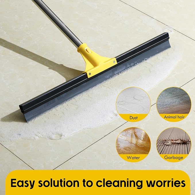 Floor Squeegee for Concrete and Tile Cleaning, 24'' Heavy Duty Rubber Wiper with 60'' Long Adjustable Handle Water Scraper for Bathroom Shower Glass Garage Glass Window(Yellow