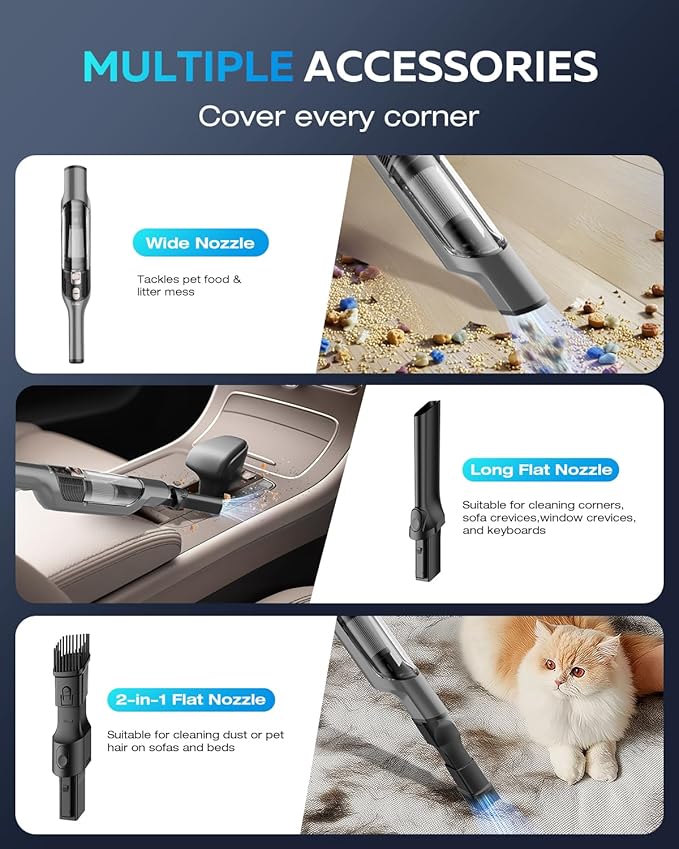 Zefiro Compact Powerful Cordless Handheld Vacuum, Rechargeable Portable Car Vacuum for Car & Pet Hair, 25000PA High Power Suction, XL Dust Cup, 2 Brushes & Filters, Long Runtime with Charger
