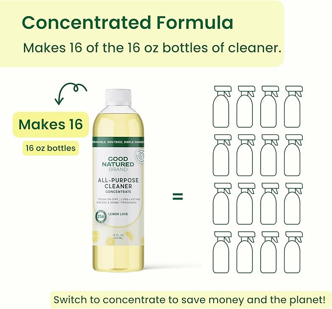 Good Natured Brand All-Purpose Cleaner Concentrate | Multi-Surface Cleaner | Natural Lemon Essential Oil | Multipurpose Cleaner Concentrate All Surfaces | Lemon Love | 16oz makes 256oz