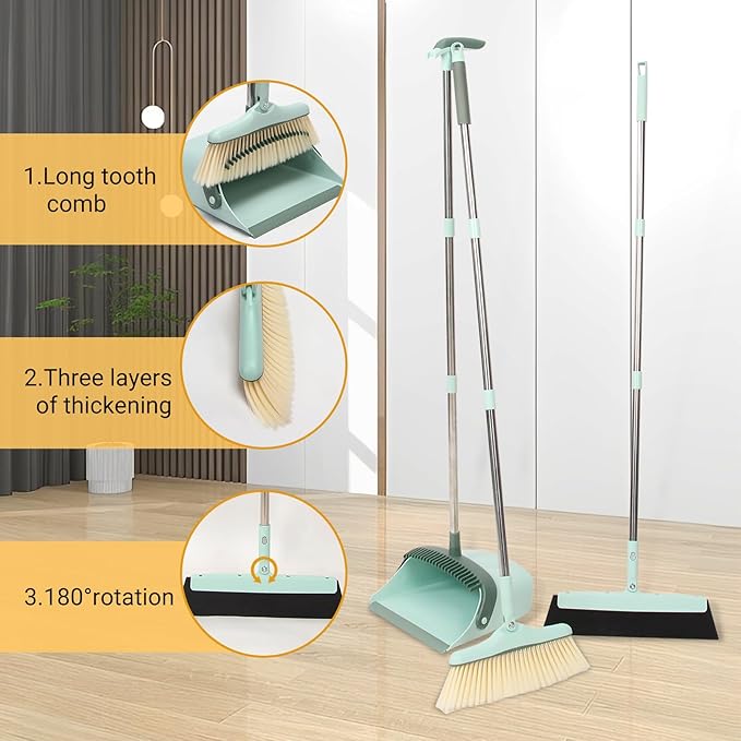 Broom and Dustpan Set,Squeegee Broom,Long Handle Broom and Dustpan Set,Broom with Stand Up Dustpan Combo Set,Squeegee - Kit for Indoor Cleaning 2+1 for Home, Office, Lobby(Green)