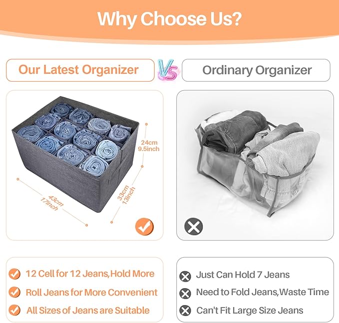 EASEVE 2Pcs Closet Organizers and Storage Bins for Clothes - 12 Cell Drawers Organizer Grid Storage Box for Jeans Pants Sweater Towel T-shirts, Wardrobe Shelf Dividers Closets Organization
