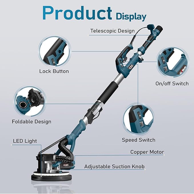GEVEELIFE Drywall Sander, 880W 7.33A Electric Drywall Sander with Vacuum Dust Collector, 5 Variable Speed 1000-2100RPM, LED Light, Foldable & Extendable Handle, 12 Sanding Discs