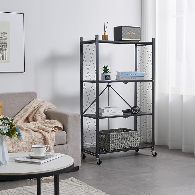 BRIAN & DANY 4-Tier Foldable Storage Shelves with Wheels, Folding Metal Rack Shelving Unit, Heavy Duty No Assembly Organizer Shelf for Garage, Kitchen, Basement, Pantry, Black
