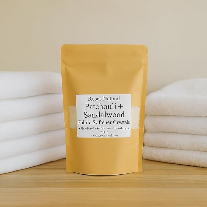 Fabric Softener Crystals, 20 oz, Plant-Based, Hypoallergenic Scent Beads, Softens & Freshens Laundry, Available in Peppermint, Lavender, Patchouli, Leather, Made in the USA (Patchouli + Sandalwood)