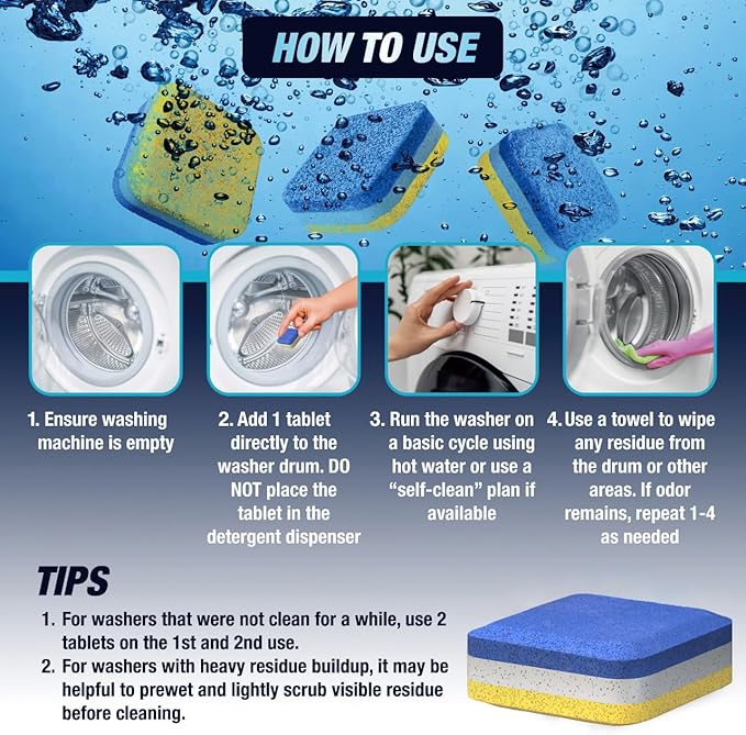 Washing Machine Cleaner Descaler 28 Pack - Designed for Front Loader Washer - Deep Cleaning Tablets For HE, Septic Safe Eco-Friendly Deodorizer, Clean Inside Drum & Laundry Tub Seal - 14 Month Supply