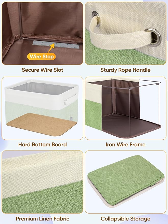 BALEINE 1 Pack Fabric Storage Bins for Shelves, Linen Storage Baskets for Organizing, Decorative Closet Bins for Clothes, Home (Green, 14''x10''x8.5'')