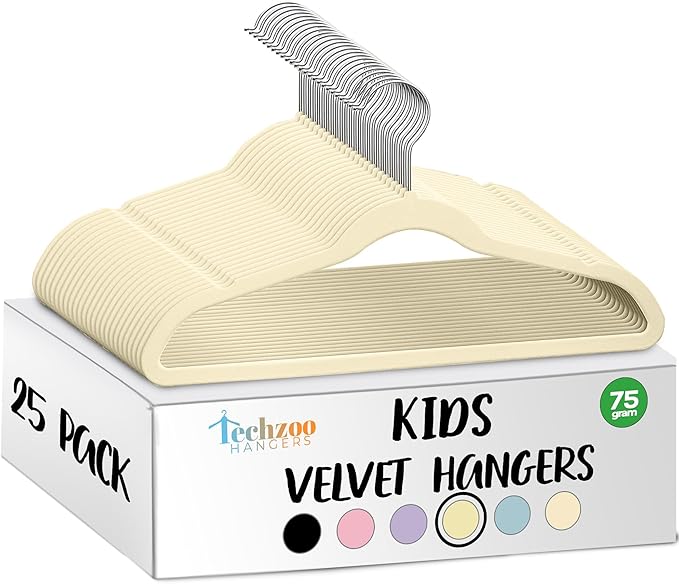 TechZoo 25 Premium Kids Velvet Hangers - 14" Non-Slip Clothes Hangers for Kids & Preteens - Ultra Slim, Space-Saving, Strong & Durable Hangers with 360° Swivel Hook - Beige