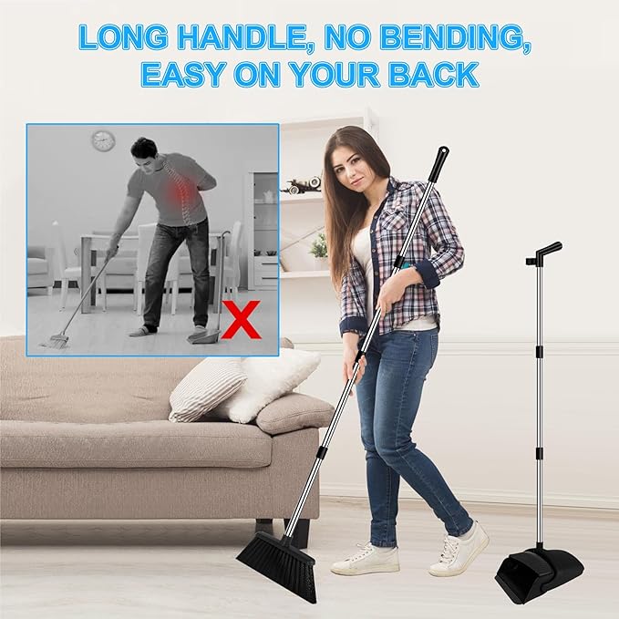 Broom with Dustpan Combo Set and Silicone Air Broom Kit, 51" Long Handle Floor Squeegee, Black Household Kit for Glass Window Rugs Pet Hair Home