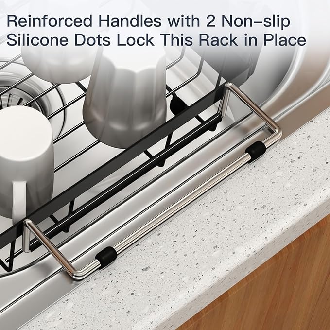 Small Expandable Over The Sink Dish Drying Rack Drainer In Stainless Steel Metal For Kitchen, Counter Space Saving Compact Above Plate Dryer Strainer, Adjustable Hanging Inside Sink Wire Drain Holder