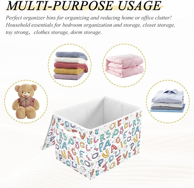 senya Large Storage Bins with Linen Collapsible Foldable Storage Cubes Fabric Closet Organizer Containers box with Flip-Top Lid for Home Bedroom Office 16.7 x 12.6 x 11.8in (Style Latin Alphapet)