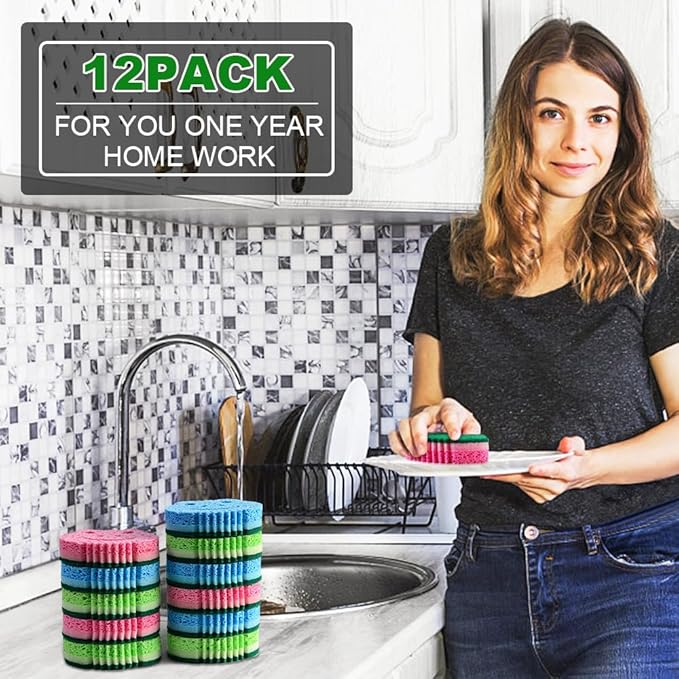 SmilePowo 12 Pack Scrub Sponge,Bulk Sponges,Dual-Sided Multi-Functional Premium Cleaning Sponges,Dishwashing Sponge for Heavy Duty Scouring Pads,Bathroom,Dish,Furniture,Kitchen(Frog Shape)