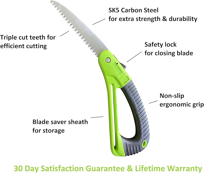 GARDEN GURU Folding Pruner Saw with Ergonomic Handle & Safety Lock – Non Slip – Rust Resistant Hardened Steel – Professional Grade Sawtooth Blade – for Pruning Trimming Camping Clearing