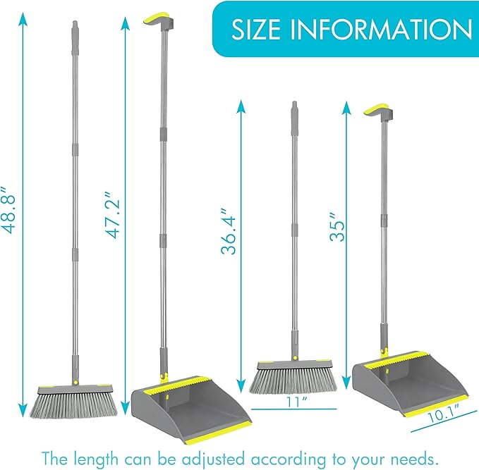 PHYEX 2-Pack Broom and Dustpan Combo Set, 48" Long Adjustable Handle Stand Up Dustpan with Self-Cleaning Teeth, Ideal for Home, Office, Kitchen, Indoor & Outdoor Use, Grey