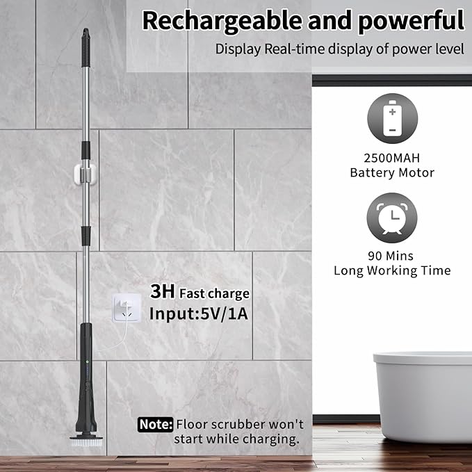 Electric Spin Scrubber, Hillyfe Bathroom Scrubber Electric with 7 Replaceable Brush Heads, IPX7 Waterproof,300/400 RPM, 3 Adjustable Length,Scrubber Brush Electric for Bathtub Floor,Black