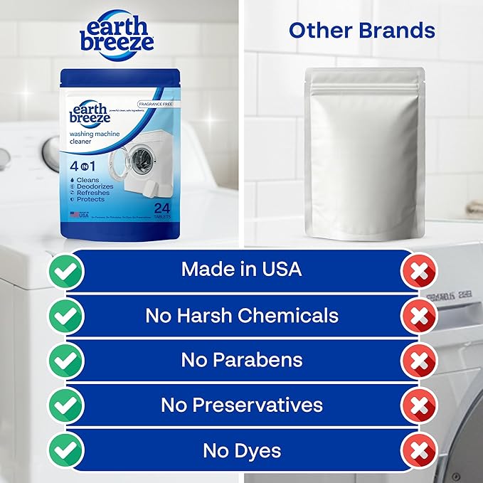 Earth Breeze Washing Machine Cleaner Tablets - 1 Year Supply - Deep Cleans, Removes Odors, Residue & Buildup - Front Load, Top Load & HE Washers - Fragrance-Free - No Harsh Chemicals - Made in USA