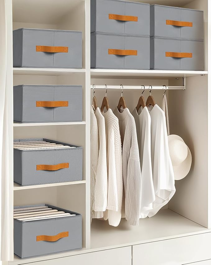 Homsorout Closet Organizers and Storage - Fabric Clothes Organizer with Handles, Foldable Jeans Organizer for Clothes, Drawer Organizer for Shirts, Bra, Sweater, Scarf, 8 Pack, Grey