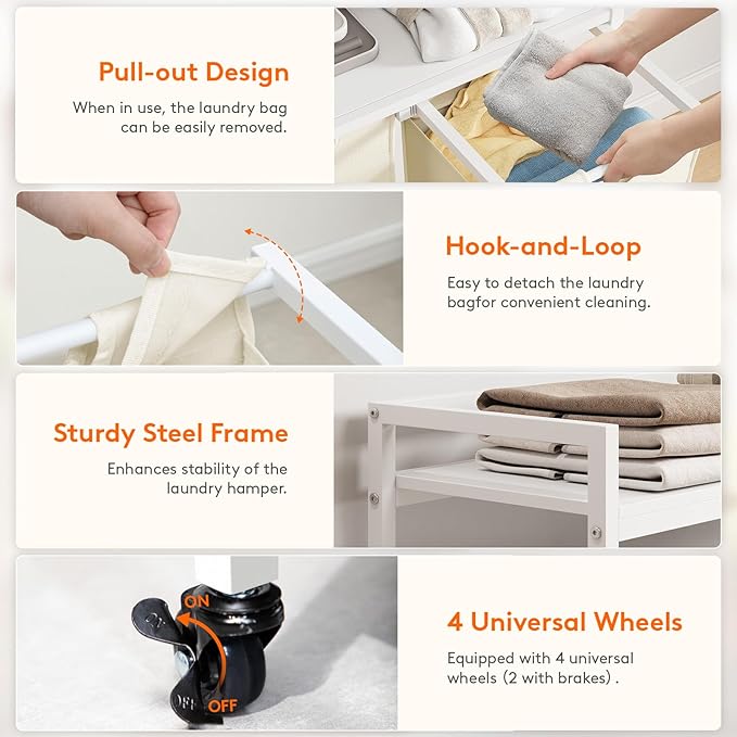 Lifewit Laundry Hamper 4 Section, 168L Pull out Laundry Clothes Basket Organizer with Large Top Shelf and 4 Removable Bags and Handles for Laundry Room Bedroom Bathroom, White with Shelves and Wheels