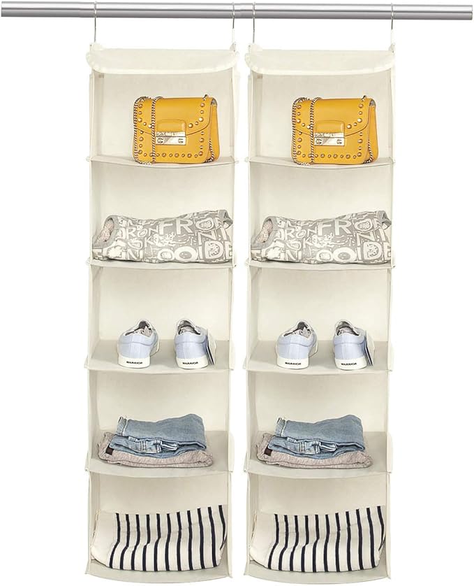 BrilliantJo 5 Shelves Hanging Closet Organizer, 2 Pack Hanging Storage with 6 Side Pockets for Clothes Shoes, 43"x12"x12"(Beige)