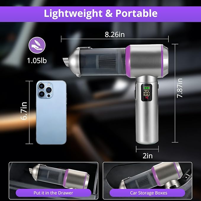 Cordless Handheld Vacuum with 17000Pa Powerful Suction, LED Light & 4-in-1 Nozzles, Portable Car Vacuum Cleaner for Pet Hair, Home, Office Desk, 3 Speeds & Type-C Charging