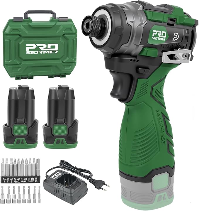 Prostormer 17V Cordless Impact Driver Set, 140Nm Brushless Screwdriver with 3 Variable Speed, 1/4” Hex Chuck, 18 Pcs Bits, 1.5Ah Batteries & Charger