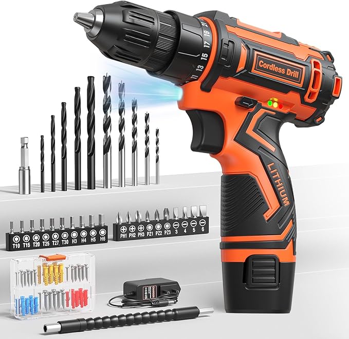 Cordless Drill Set,12V Power Drill Driver 3/8" Keyless Chuck with 92 Acessories, Built-in LED Light, 25+1 Position, Electric Drill for Home DIY Projects (Orange)
