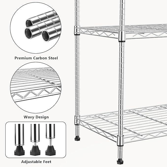 M MZG 1250 lbs 5 Tier Shelf Metal Storage Shelves Wire Rack Closet Organizers with Wheel for Garage Kitchen Bathroom Laundry Chrome 13.7" D x 23.6" W x 62.4" H