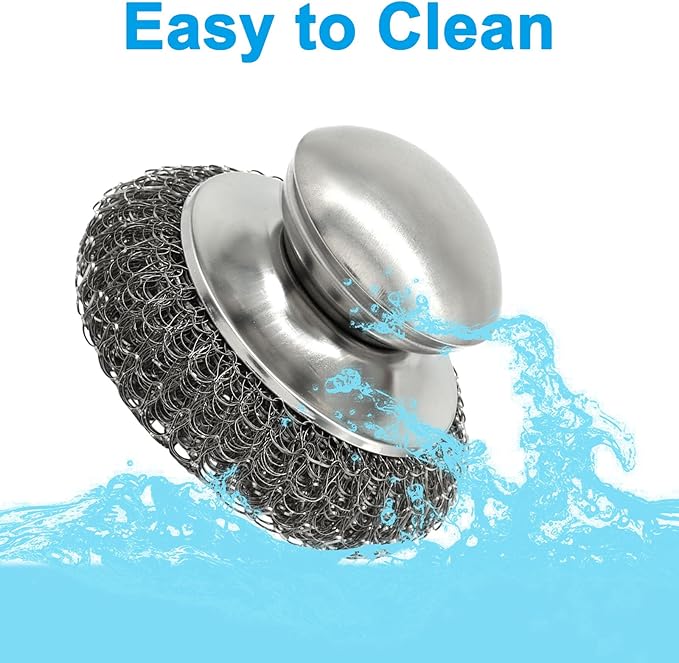 Steel Wool Scrubber with Replacement Wire Pads Set - 1 Heavy Duty Scrubber + 5 Stainless Steel Pads for Effortless Cleaning of Cast Iron, Grill Grates, Rust-Resistant Handle Design