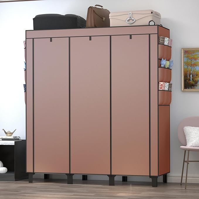 Portable Wardrobe with 10 Storage Racks and 2 Hanging Poles 6 Side Pockets Fleece Cover, Size 130 x 45 x 172 cm, Bedroom Closet Organizer (Coffee)