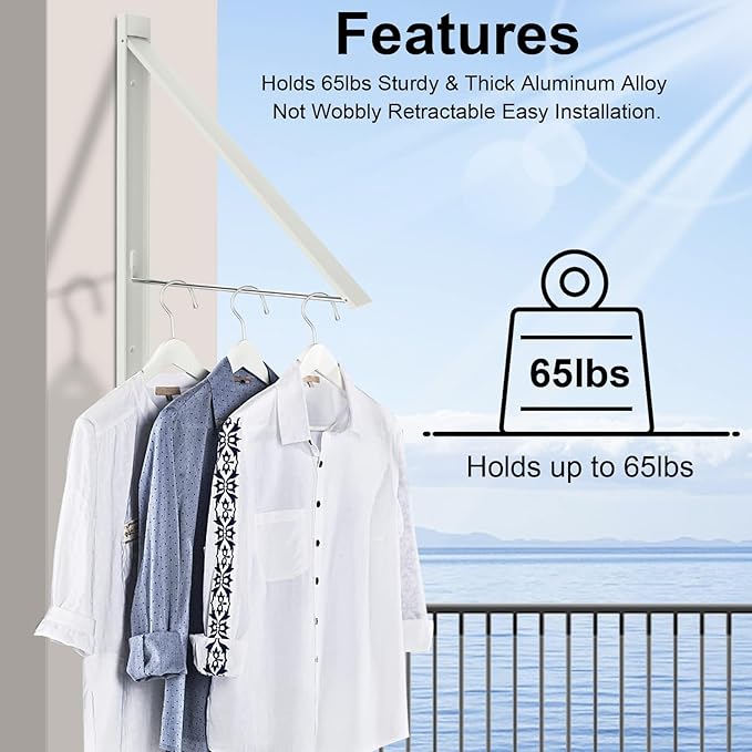 Wall Mounted Drying Rack, Foldable Clothes Airer Rack Heavy Duty 65 lbs, No Drill Space Saving Aluminum Laundry Organizer for Indoor Outdoor, Balcony, Apartment (White)