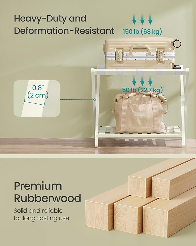 SONGMICS Solid Wood Luggage Racks, Set of 2, No Assembly Required, Foldable Suitcase Stand, Luggage Holder, with Storage Shelf, for Guest Room, Hotel, Bedroom, Cream White URLR021WZ02S