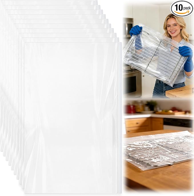 Palksky Oven Rack Cleaning Bags, 19.6 x 27.5 Inch Heavy Duty No-Scrub with Side Zipper Opening, Reusable Leak-Resistant PE for Deep Soaking Grill Grates & BBQ Racks, No Cleaner Included, 10 Pack
