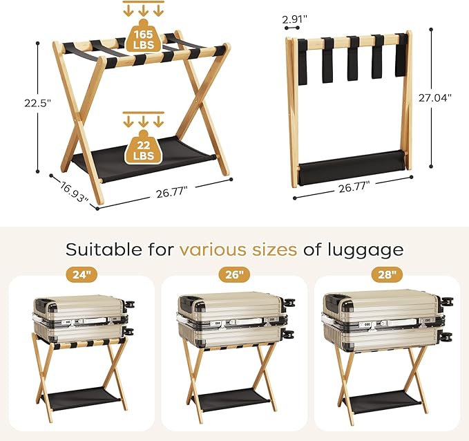 oakvivo Fully Assembled Luggage Rack, 26.77" Natural Luggage Rack for Guest Room, Bamboo Folding Suitcase Stand with Fabric Storage Shelf, Heavy Duty 5 Nylon Straps Luggage Holder for Hotel, 1 Pack