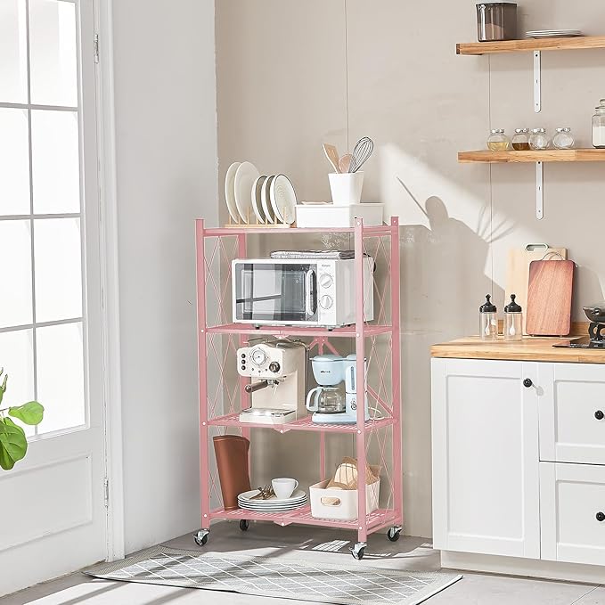 BRIAN & DANY 4-Tier Foldable Storage Shelves with Wheels, Folding Metal Rack Shelving Unit, Heavy Duty No Assembly Organizer Shelf for Garage, Kitchen, Basement, Pantry, Pink