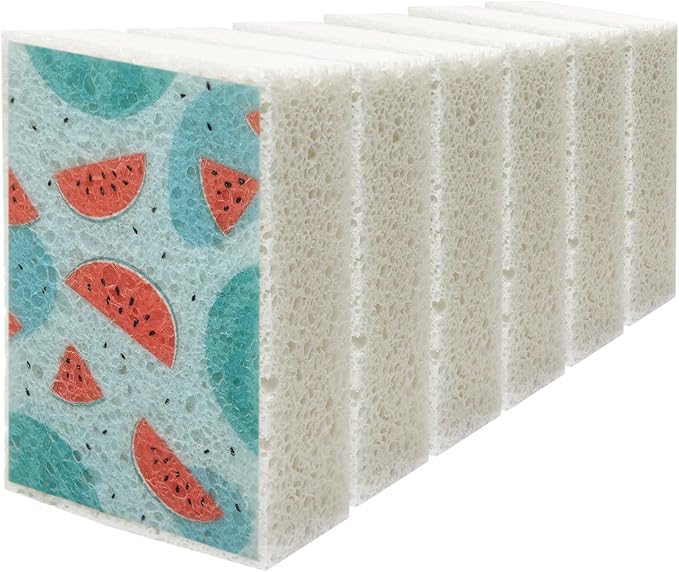 Scratch Scrub Sponge, 6 Kitchen Sponges for Cleaning Around the Home, Bathroom & More, Large Size Scratch-Free Dish Scrubber, Best for Nonstick Pots and Pans (4" x 6" x 1",Watermelon