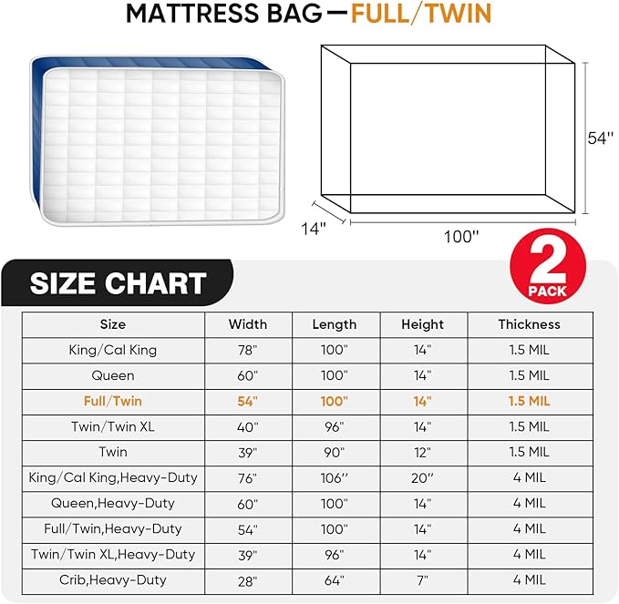 2 PK Twin/Full Mattress Bags for Moving Storage,Waterproof Plastic Full Size Mattress Cover for Moving,Clear Plastic Mattress Protector