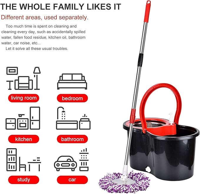 Mop and Bucket Set, 360° Spin Mop and Bucket with Wringer Set and 6 Microfiber Mop Refills, Stainless Steel 61" Extended Handle Spinning Mop Bucket System for Floor Cleaning (2 Sets)