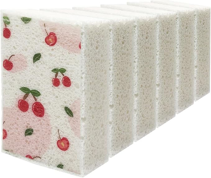 Scratch Scrub Sponge, 6 Kitchen Sponges for Cleaning Around the Home, Bathroom & More, Large Size Scratch-Free Dish Scrubber, Best for Nonstick Pots and Pans (4" x 6" x 1",Cherry