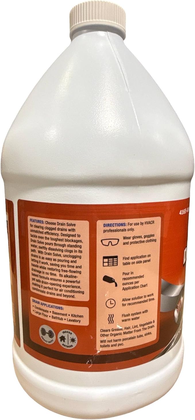Nu-Calgon 4165-08 Drain Solve Alkaline Line Cleaner – 1 Gallon HVAC Condensate & Plumbing Clog Remover, Non-Fuming, Septic Safe, NSF Registered