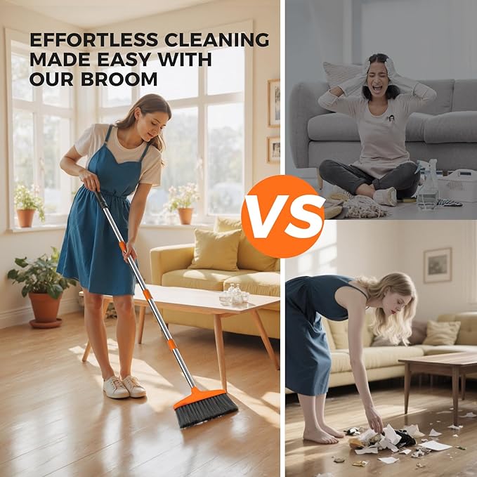 Handy Broom, Indoor/Outdoor Brooms, Duty Kitchen Broom, for Home Garage Kitchen Office Courtyard Lobby Patio Lawn Concrete (2, Orange)