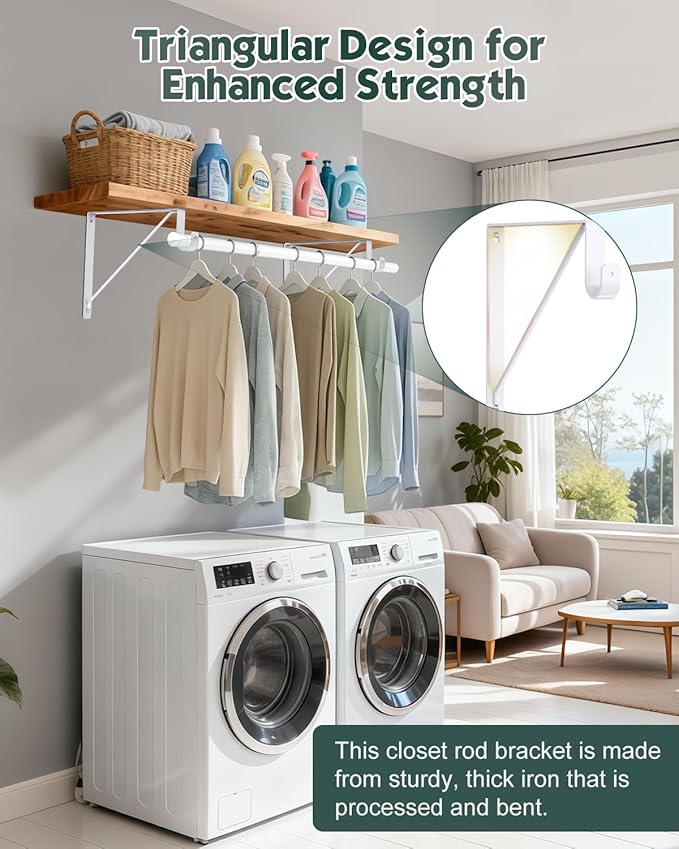Supforce 6 Pack Closet Rod Bracket, Heavy Duty Closet Rod Support with Rod Holder, Wall Mounted Closet Shelf Brackets with Triangle Stabilizing Design for Closet, Bathroom and Kitchen, White