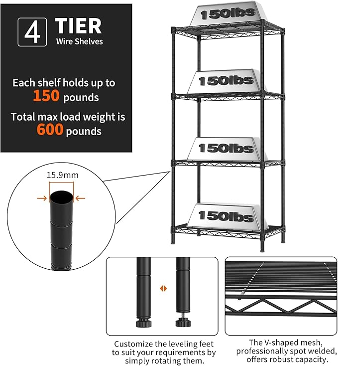 Golpart 4 Tier Adjustable Storage Shelves,Heavy Duty Metal Utility Shelf 600LBS Capacity,Wire Shelving Unit Organizer Rack for Home Kitchen Office BathroomM Pantry Room 12" D x 22" W x 44" H Black