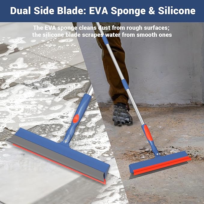 Floor Squeegee for Concrete Floor, 15.8" Large Heavy Duty Squeegee for Floor with 60" Adjustable Handle, 2-in-1 Silicone & EVA Blade for Garage,Concrete,Tile,Bathroom,Window Glass Cleaning