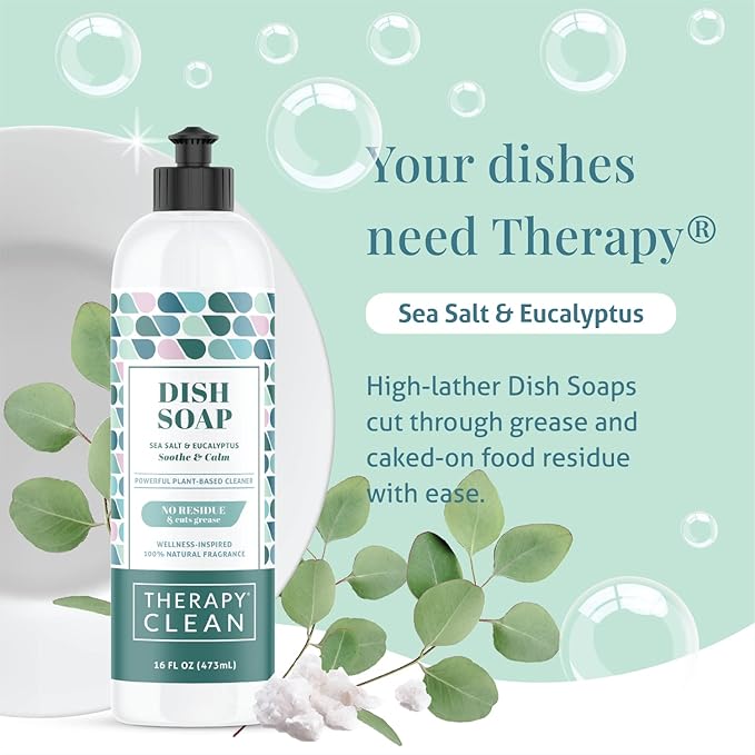 Therapy Clean Dish Soap Sea Salt & Eucalyptus (6-Pack) - Dish Detergent Liquid, Dishwashing Liquid, Dishwasher Soap, Natural Dish Soap Refill, Dishsoap, Dish Washing Liquids, Bottle Soap