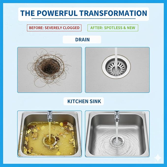 Sink & Drain Cleaner Powder, Fast Foaming for Kitchen, Bathroom,Toilet Pipes - Removes Grease, Hair & Food Waste - 130g (1)