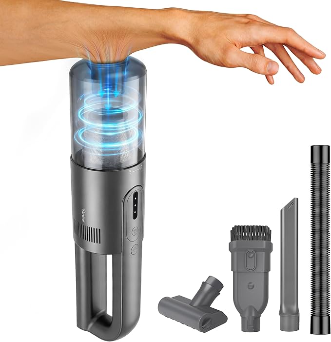 Handheld Vacuum Cordless, 5-in-1 Car Vacuum Portable Cordless 30 Mins Rapid Rechargeable Hand Vacuum Brushless Motor 19000Pa Strong Suction, Dust Busters for Car Home with 4 Nozzles, Gray