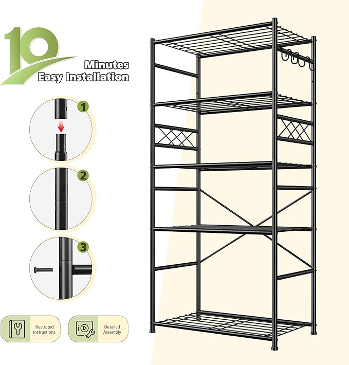DurayLoly Storage Shelves 5 Tier Capacity,Metaling Shelving with Hooks,Heavy Duty Garage Shelves Unit with Leveling Feet,Wire Shelving for Pantry,Kitchen and Closet,23.6" W x 13.8" D x 72.4" H,500lbs